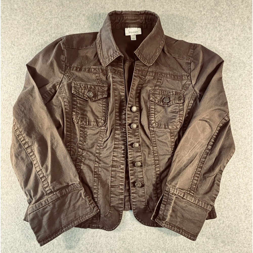 Dressbarn Jacket Womens Large Brown Button Front Trucker Style Pleated Back
